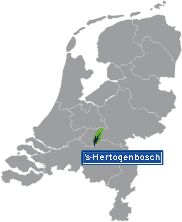 Landkaart Nederland grijs - locatie Dagnall Taleninstituut in ’s-Hertogenbosch - aangegeven met blauw plaatsnaambord met witte letters en Dagnall veer - op transparante achtergrond - 600 * 733 pixels